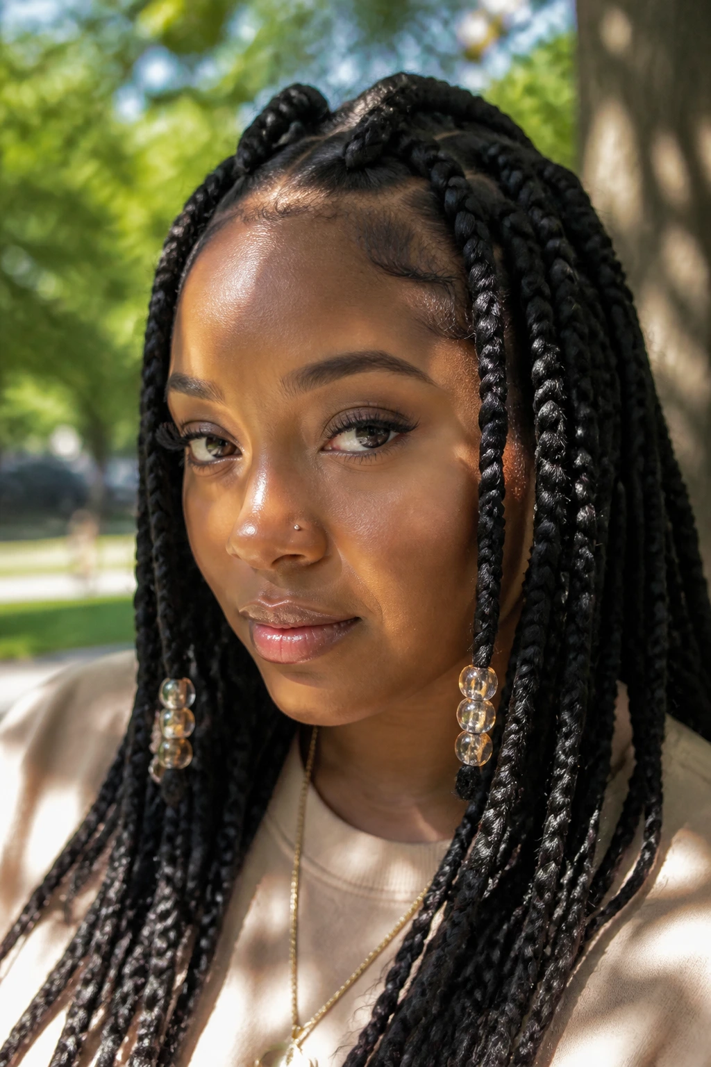 Beaded braids at the front corners framing the face