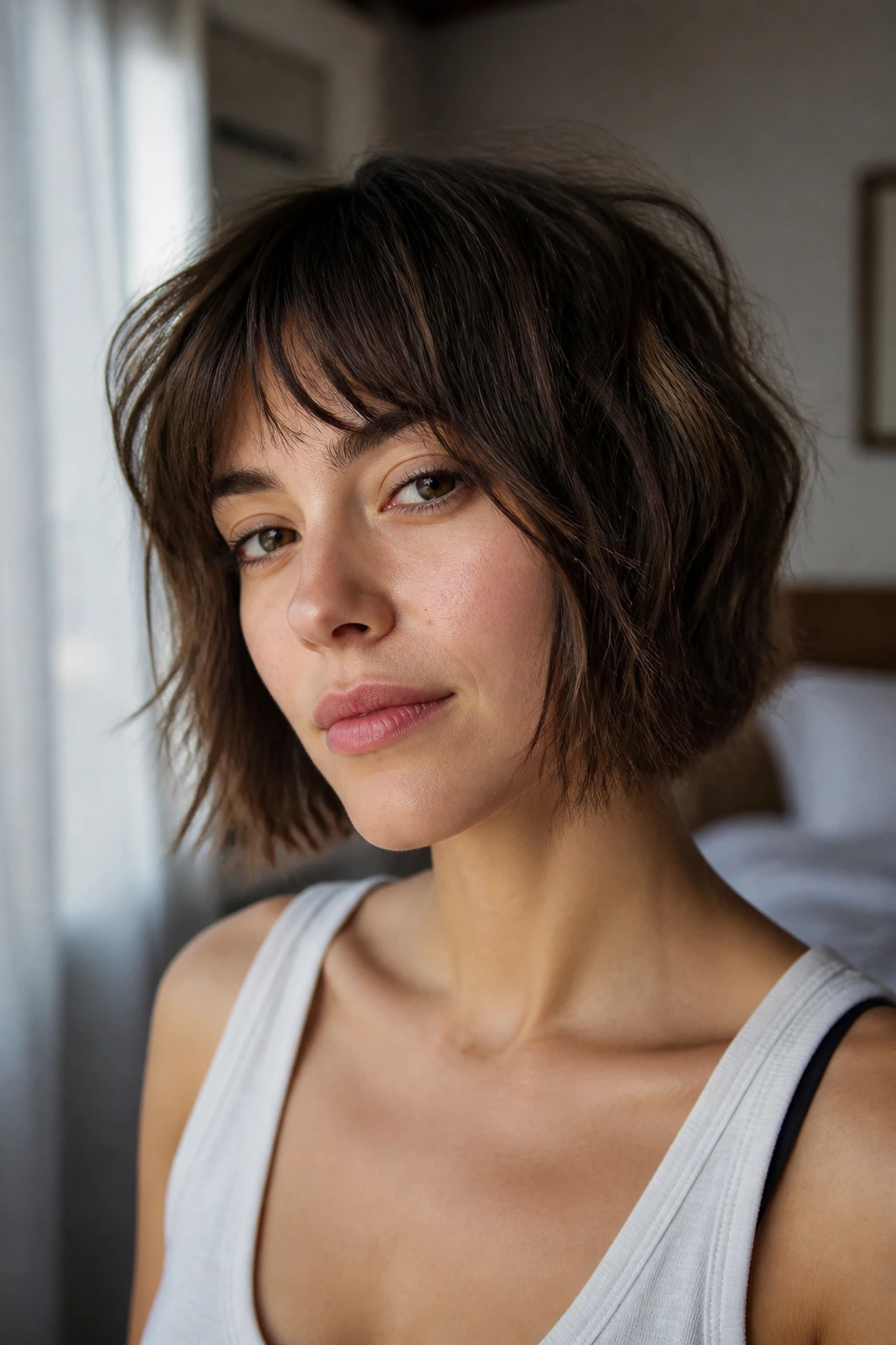 Close-up portrait of a real woman with a bedhead bob shag showing jaw-length and textured layers