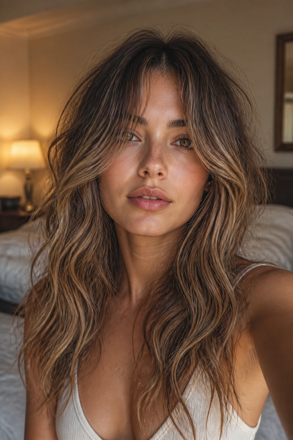 Close-up of a real woman with long curtain fringe and bedhead waves