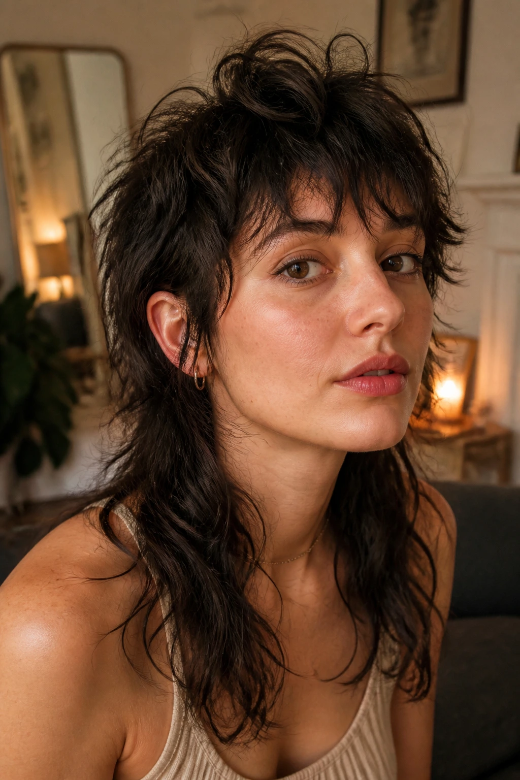 Close-up portrait of a real woman with bedhead mullet-wolfcut hairstyle
