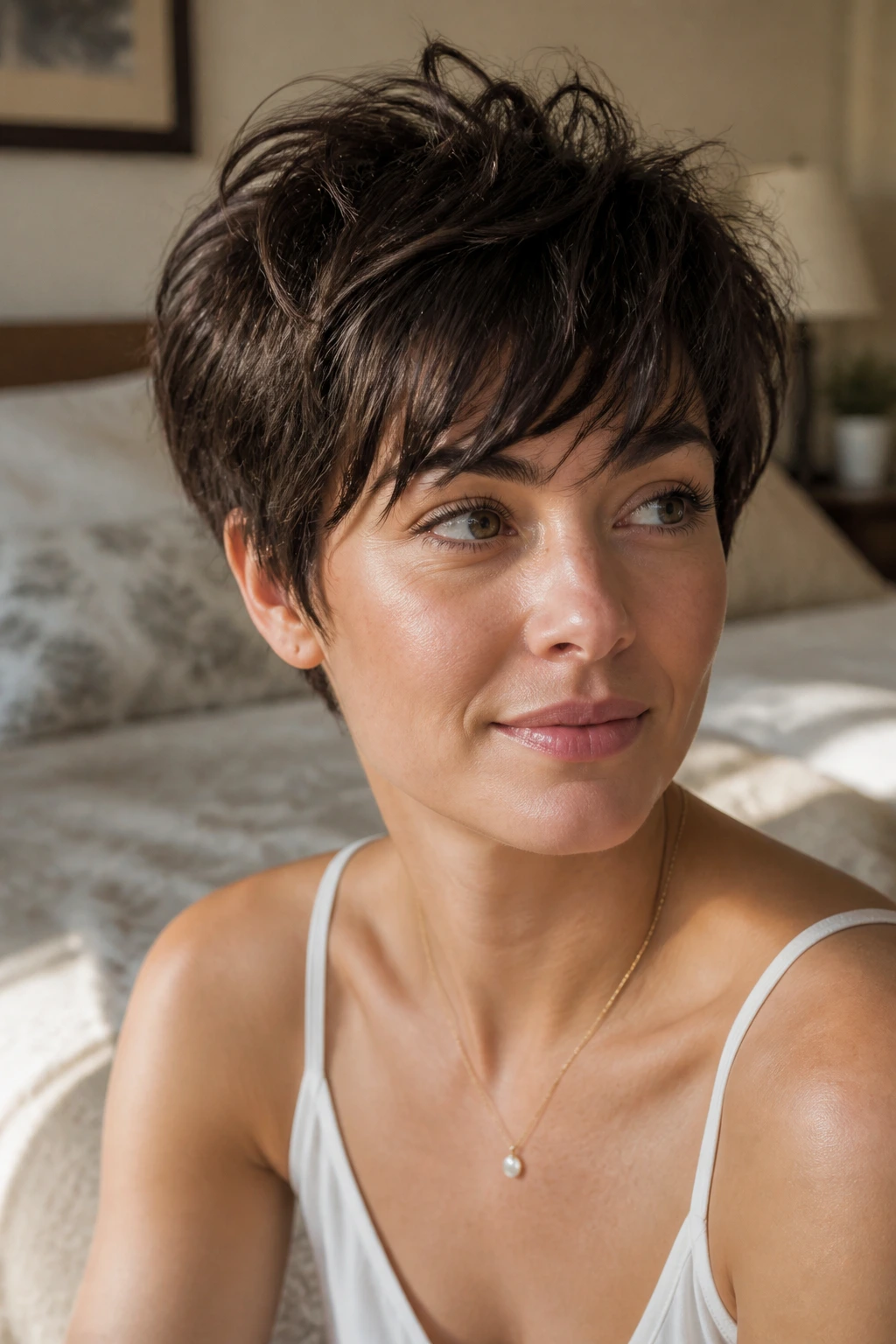 Close-up of a real woman with tousled bedhead pixie and relaxed fringe in a cozy morning bedroom.
