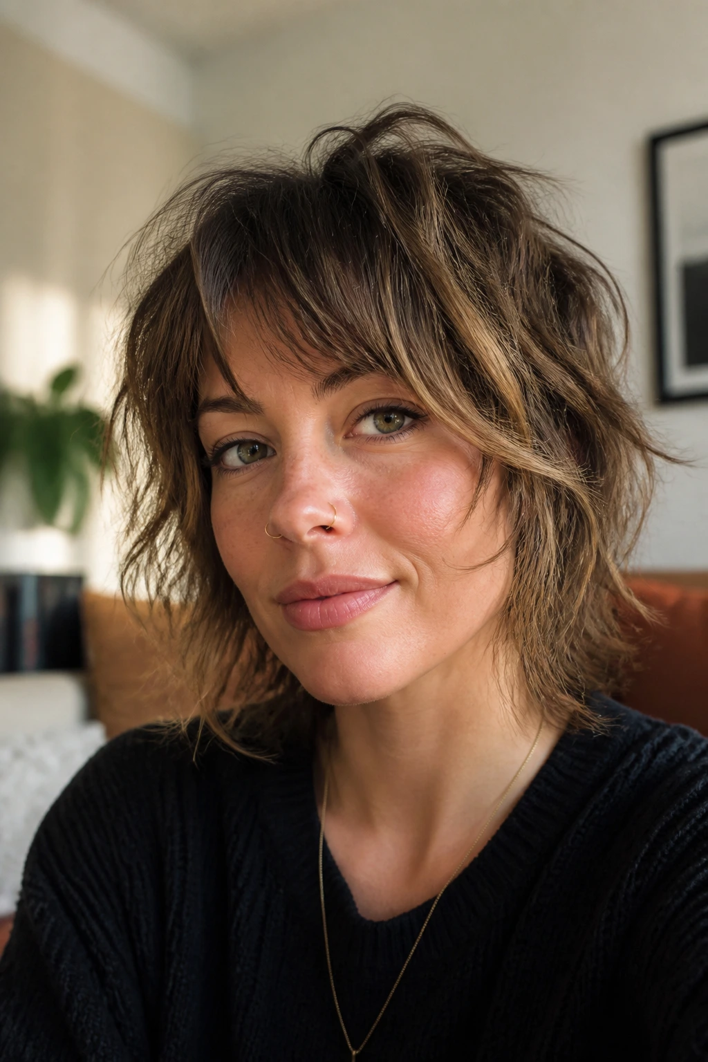 Close-up portrait of a real woman with bedhead shag and short face frame