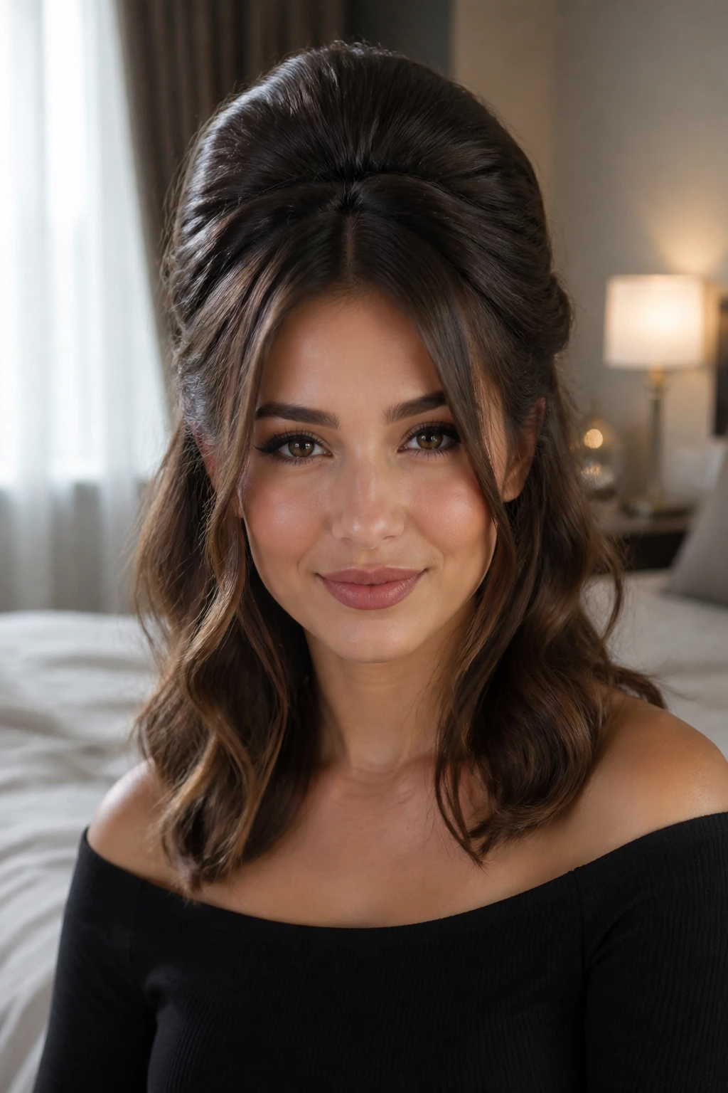 Close-up portrait of a real woman with half-up beehive waves and crown height