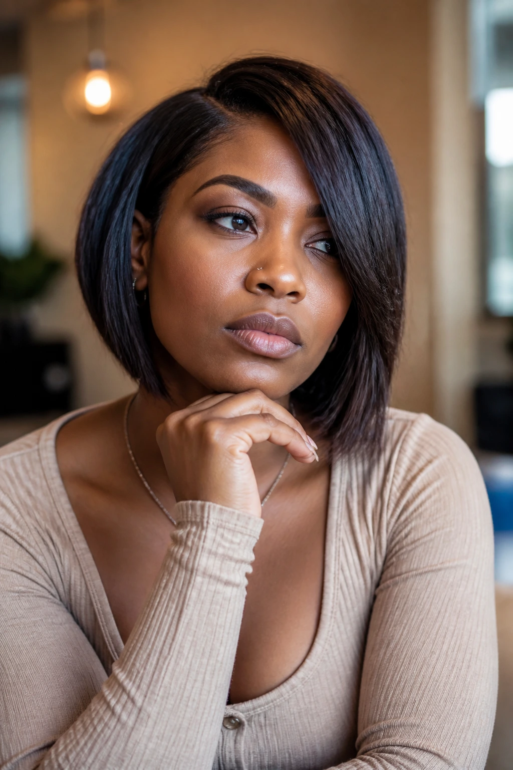 Thoughtful woman with angled bob considering cut decisions