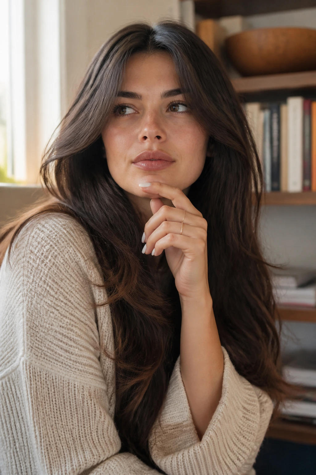 Thoughtful real person with face-framing layers in a cozy indoor setting
