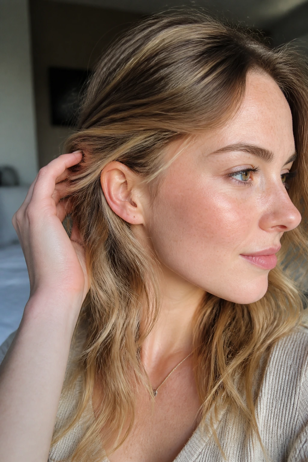 Close-up of behind-the-ear glow on fair-skinned waves