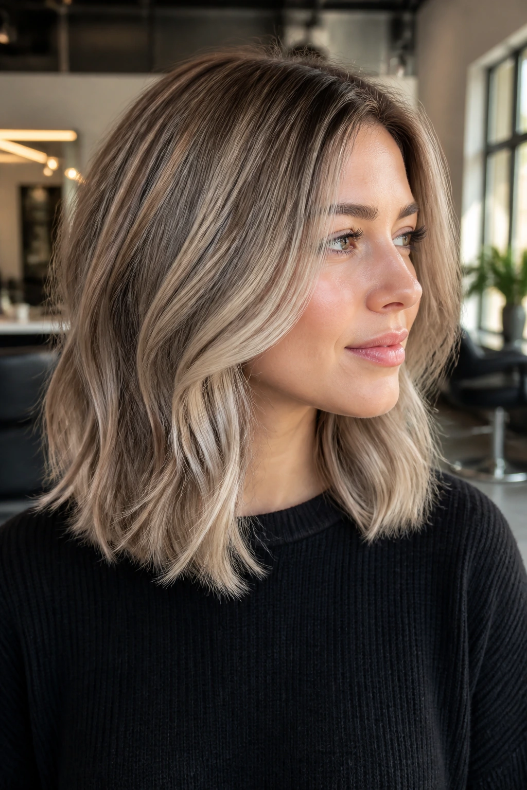 Close-up of shoulder-length beige ash balayage with soft lift and warmth.