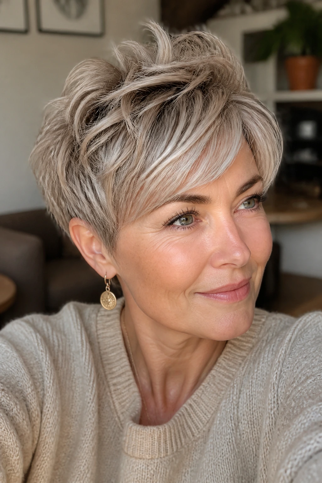 Close-up portrait of a real woman with beige ash bixie hairstyle in natural window light.