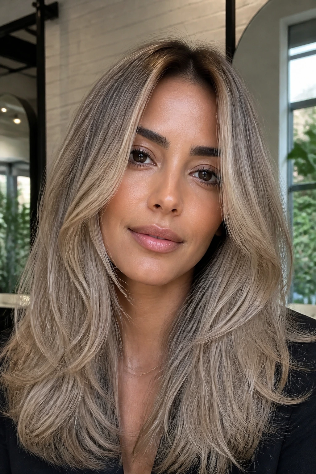 Close-up portrait of a real woman with Scandinavian Beige Blonde ash hair and face-framing layers
