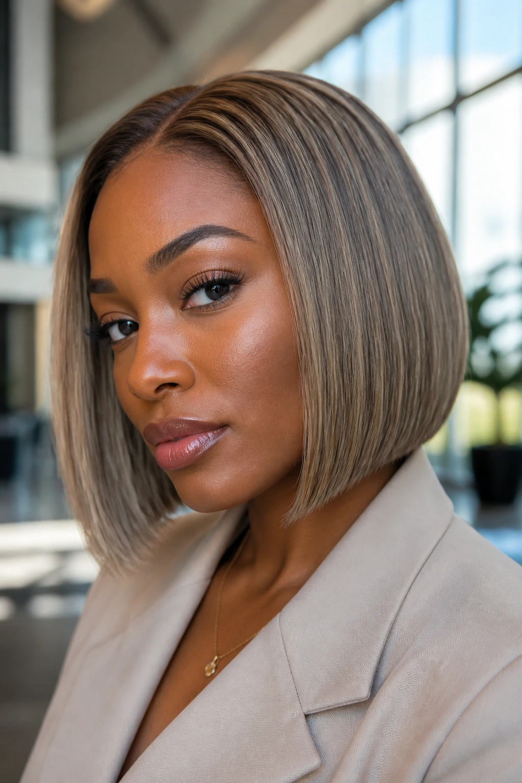 Close-up of a real woman with beige ash bob and micro-babylights
