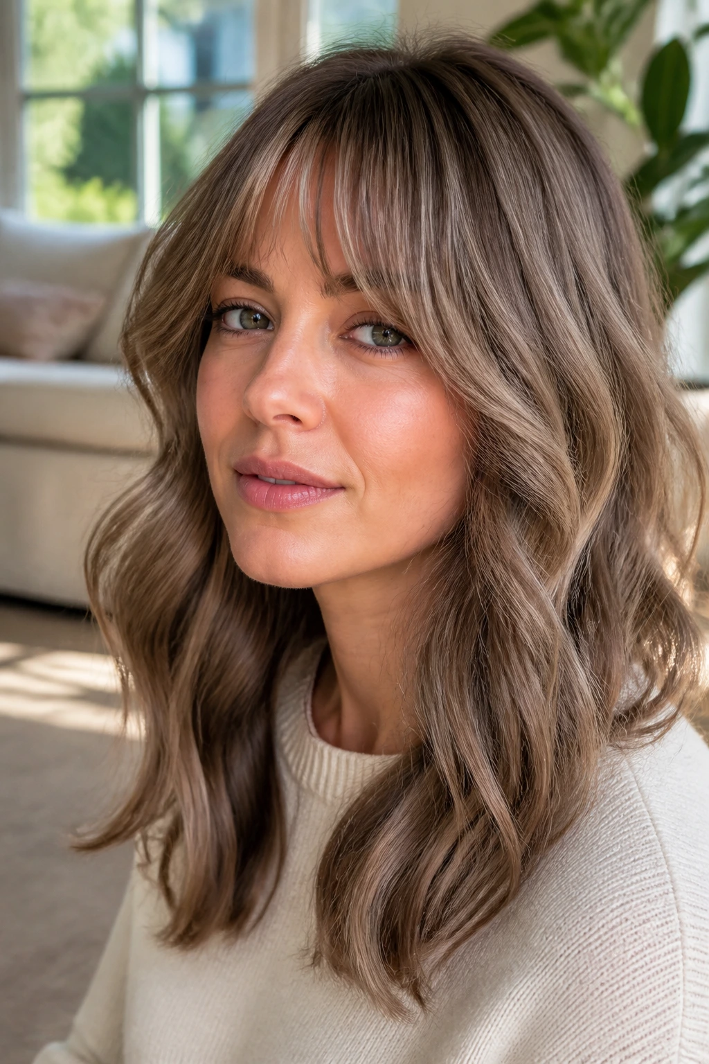 Close-up of a woman with beige ash brown hair with soft waves