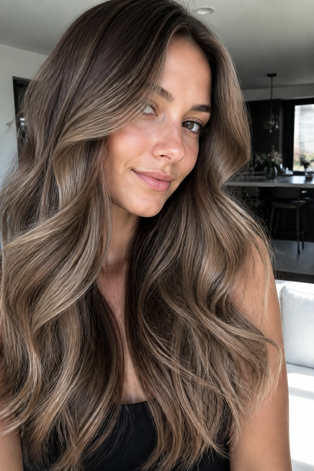 Portrait of a woman with beige ash caramel on brunette hair in a cool shade