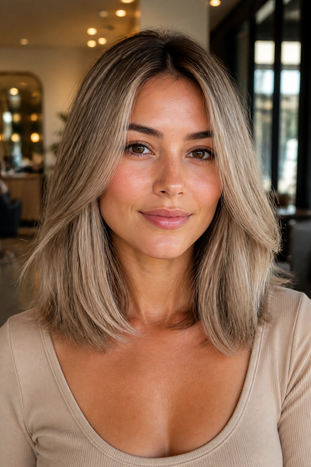 Close-up of a real woman with beige-ash collarbone-length hair.