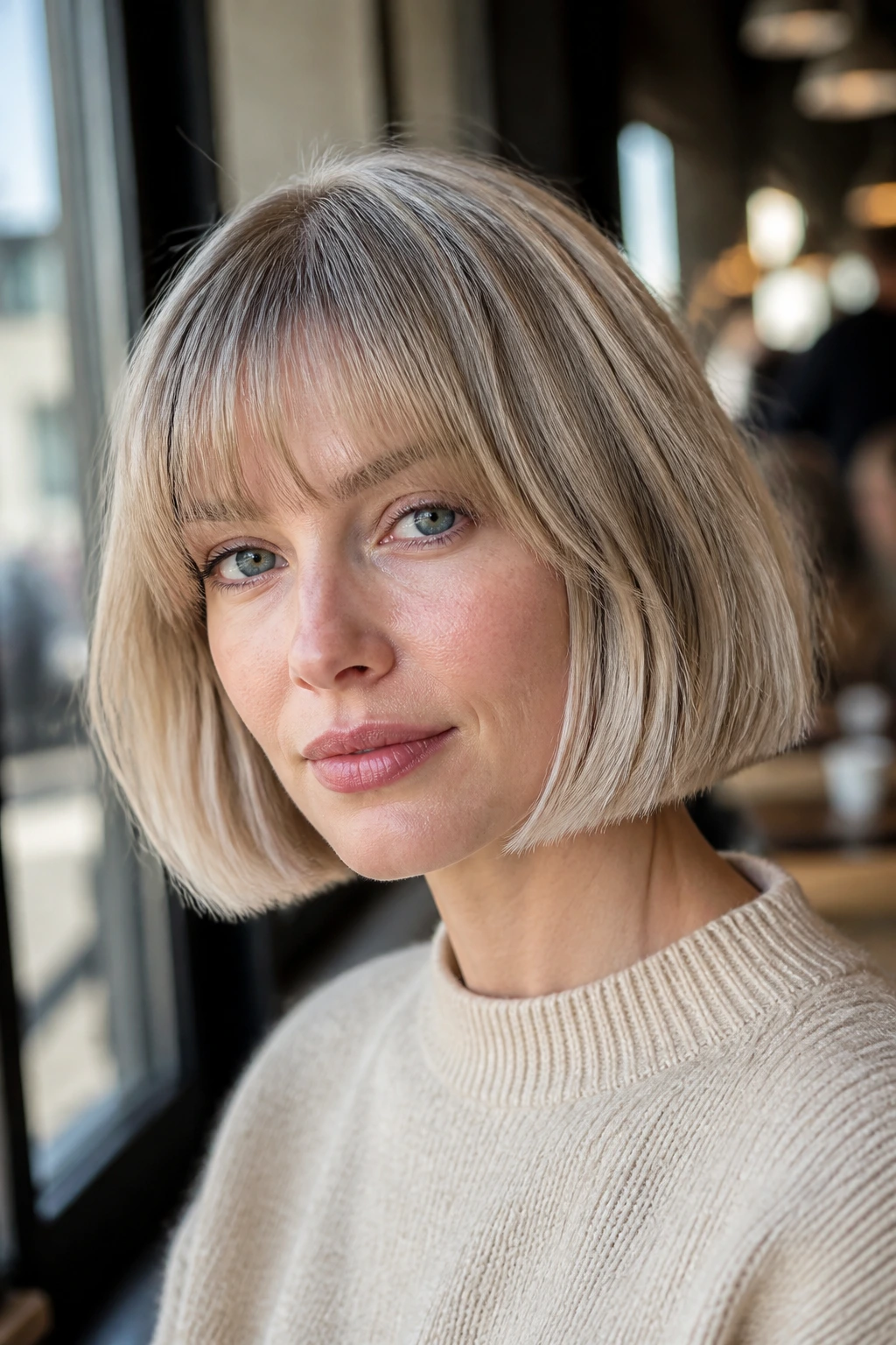 Woman with beige-blonde French bob featuring ash-beige tones and soft fringe.