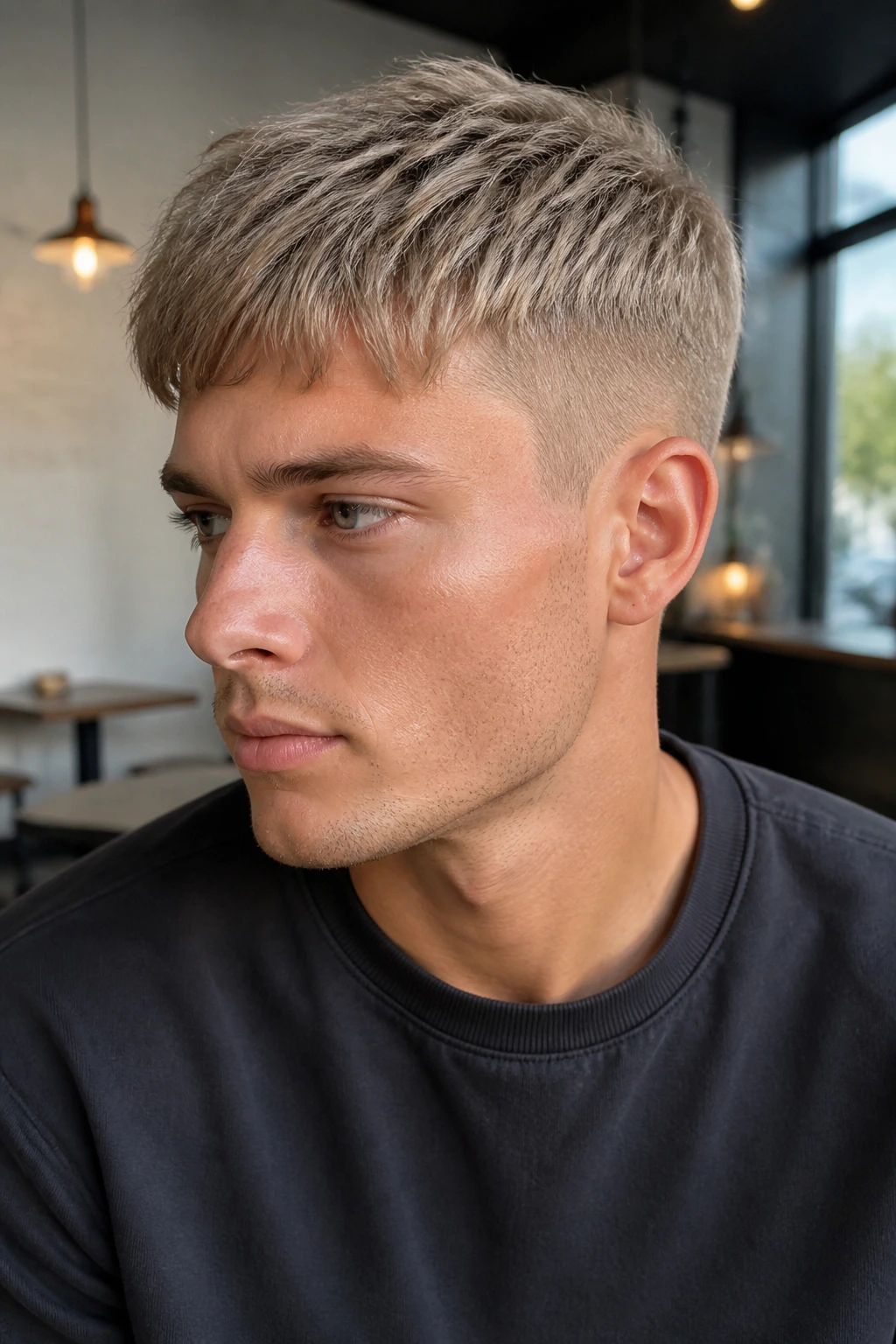 Close-up portrait of a real person with beige-ash French crop and textured top.