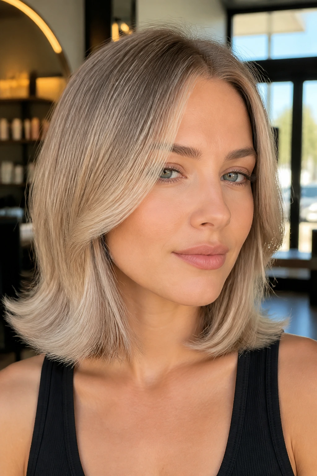 Close-up of a real woman with beige ash ends flipped out at the tips