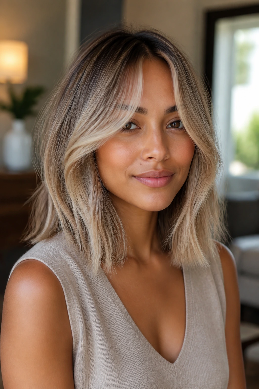 Close-up portrait of a woman with beige ash lob and curtain bangs framing her face