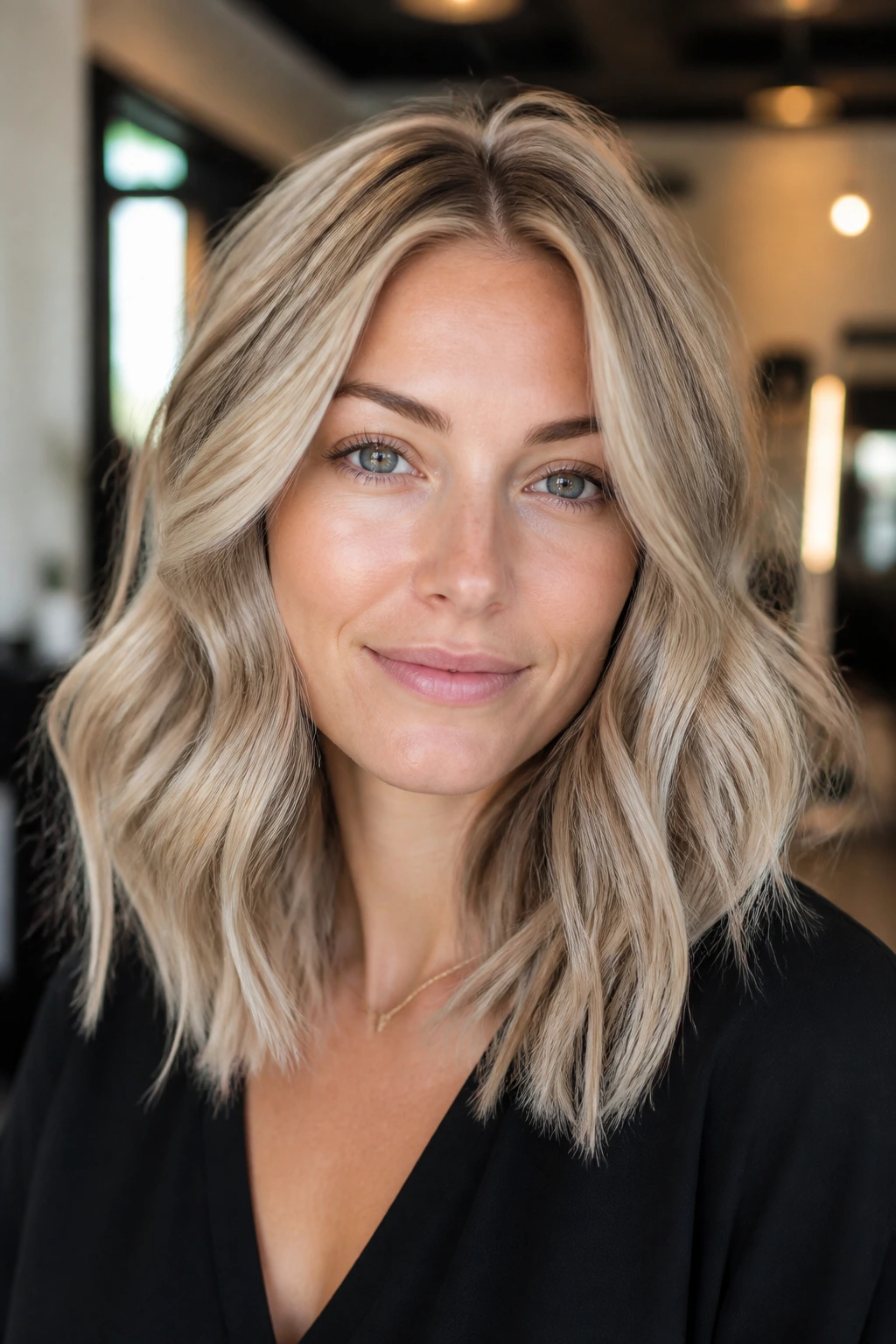 Close-up portrait of a real woman with beige hair and ash lowlights