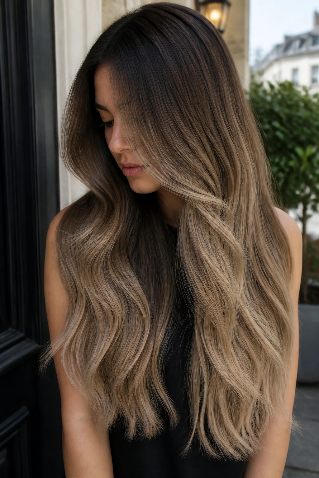 Long brunette with beige ash ombré gradient