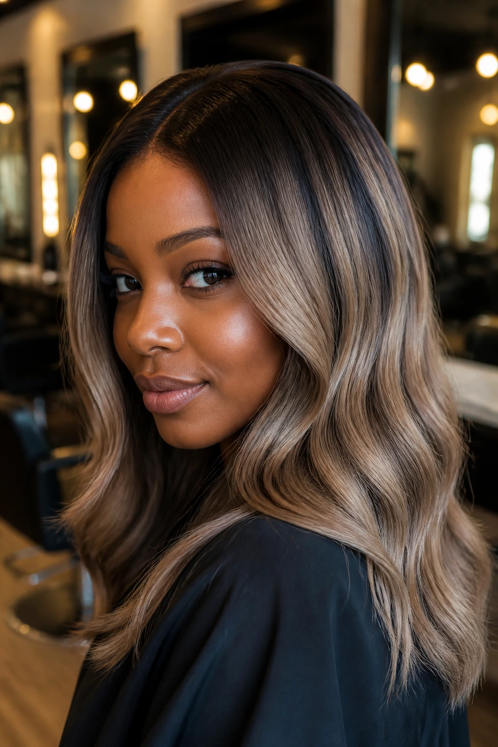 Close-up of deep skin person with a dark root and beige-ash balayage highlights.