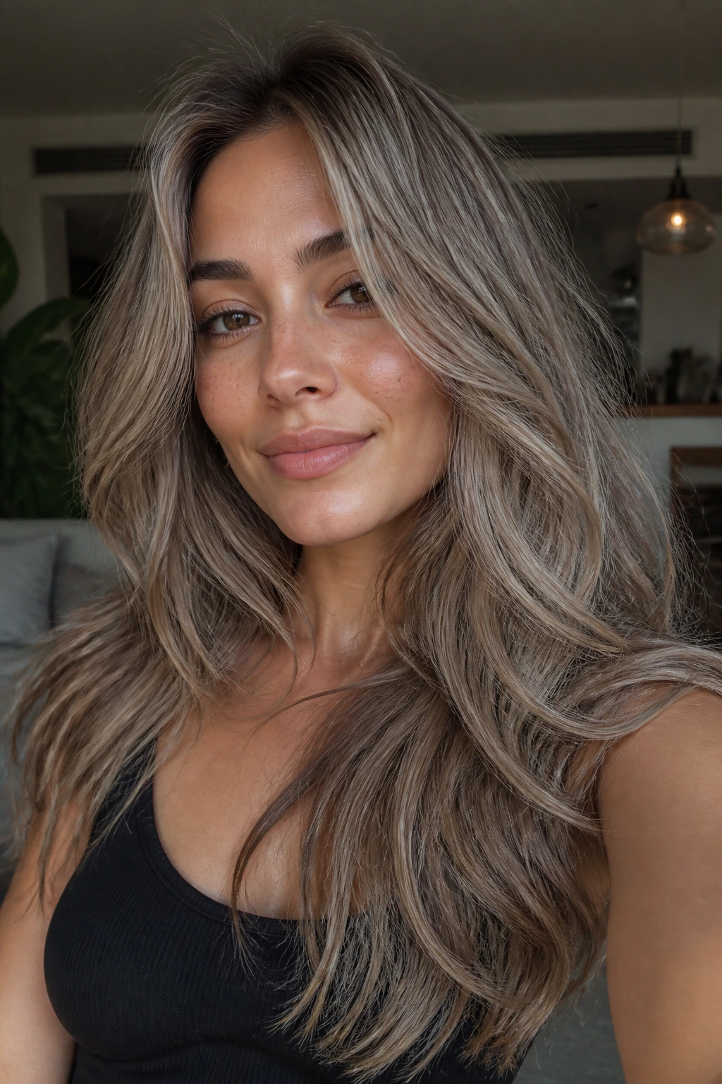 Portrait of a woman with cool beige ash waves and invisible layers on olive skin