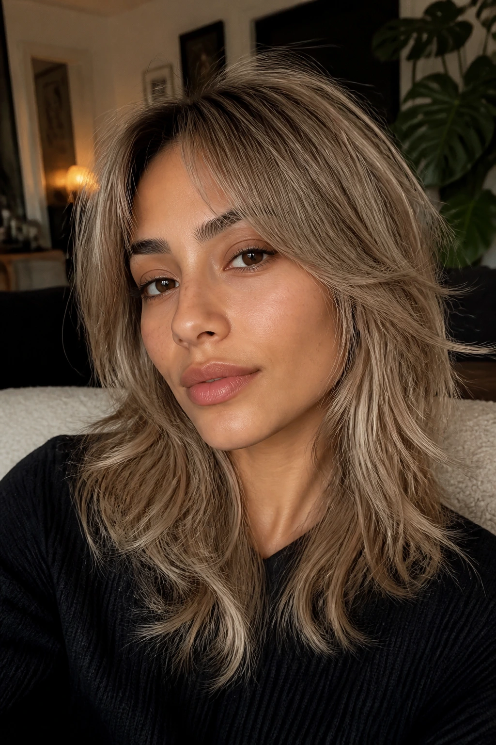 Real woman with beige ash soft wolf cut, warm indoor lighting