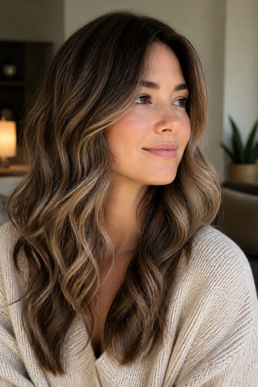 Medium close-up of a real woman with brunette base and beige babylights showing varied layers.