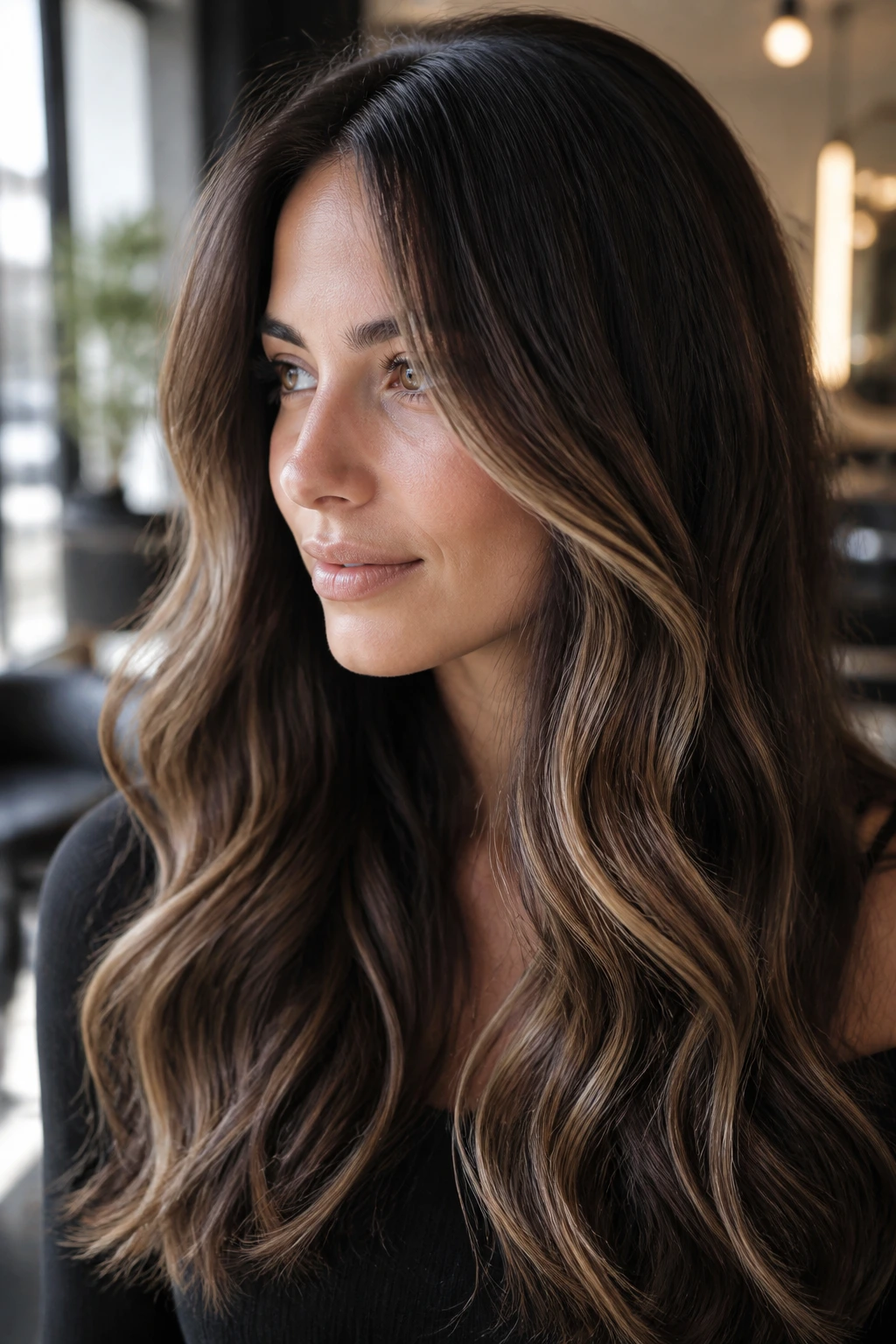 Close-up portrait of a real woman with polished brunette waves and beige babylights