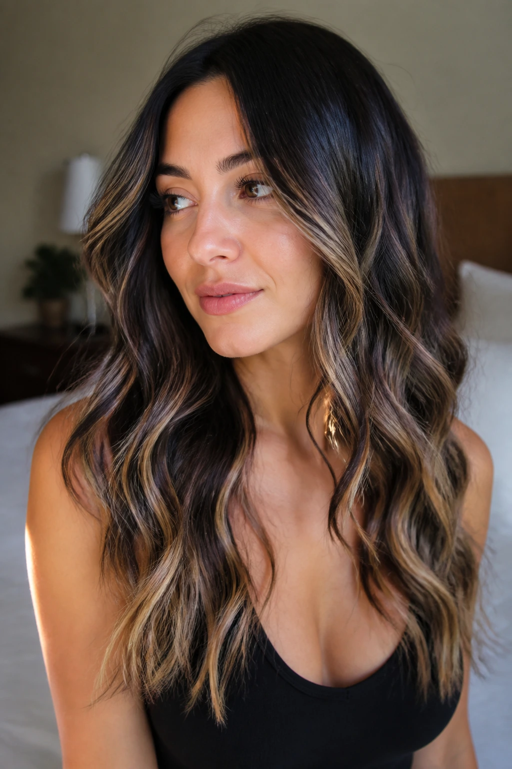 Beige babylights in dark hair on a real person