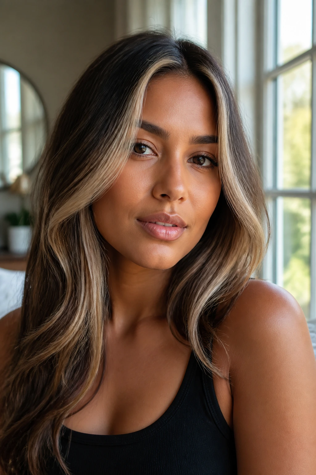 Close-up of a real woman with beige babylight front panels framing the face on tan skin