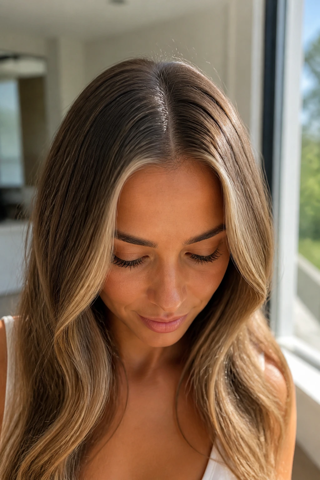 Close-up of beige babylights along a centered part on a heart-shaped face.