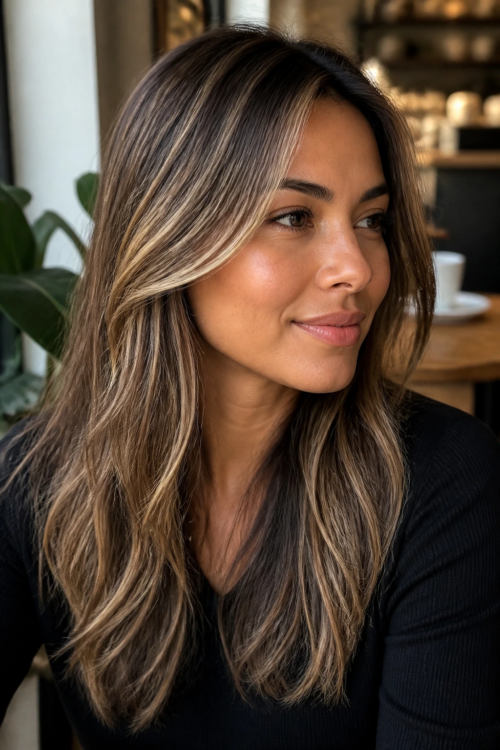 Portrait of a real woman with beige babylights, subtle highlights.
