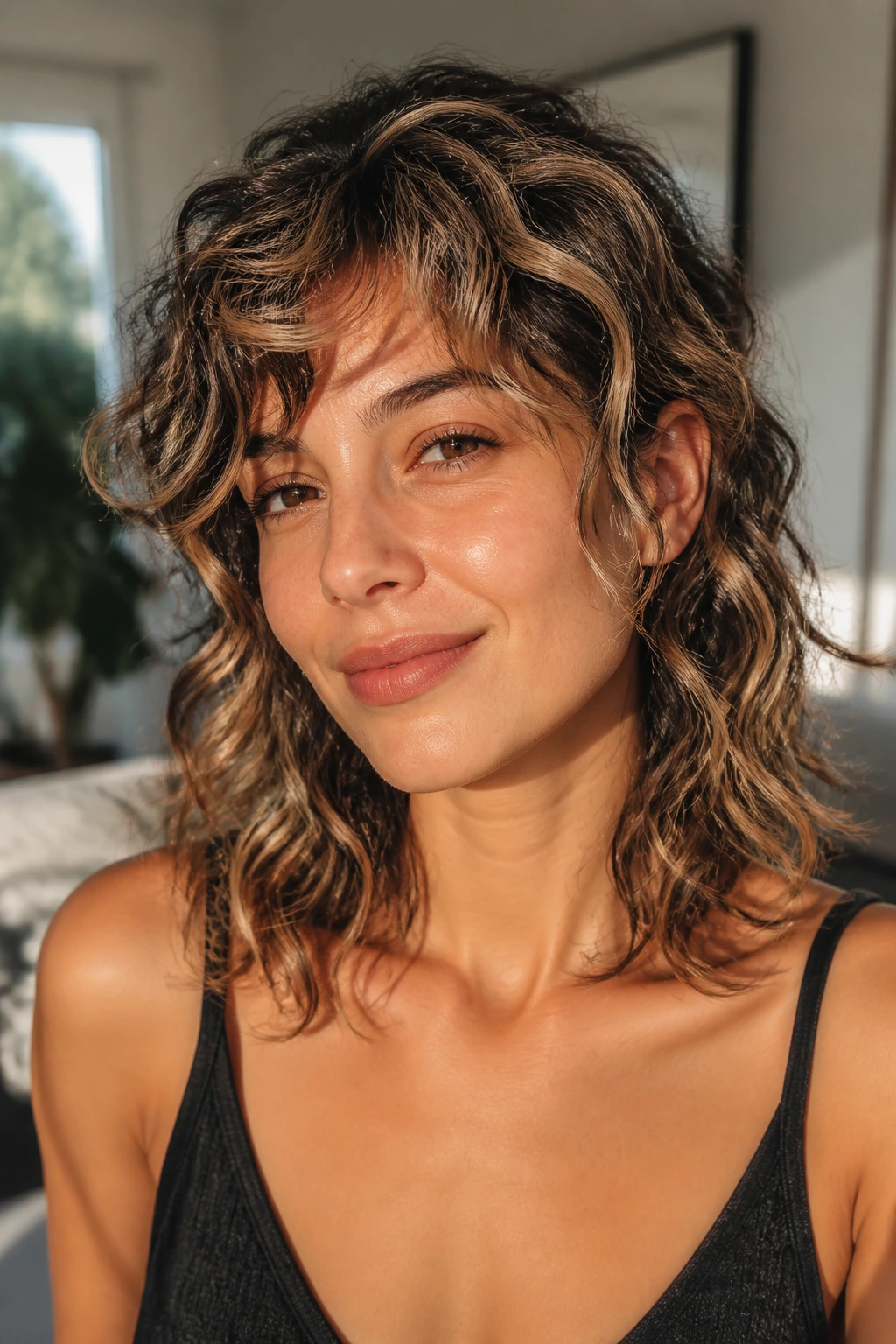 Close-up of a real woman with shoulder-length curly hair and beige babylight ribbons.