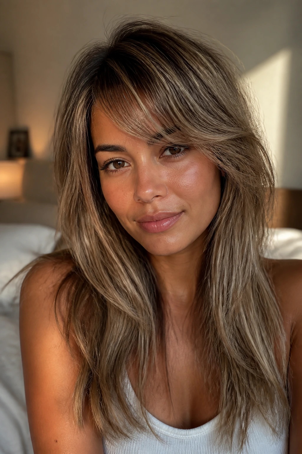 Close-up of a real woman with beige babylights and feathered fringe on tan skin.