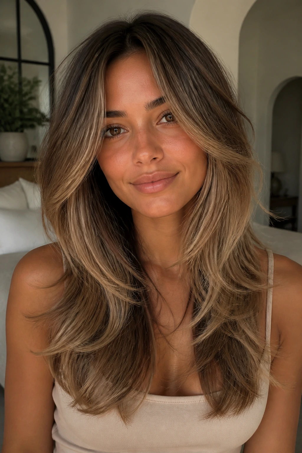Portrait of a real person with beige balayage butterfly cut and front layers