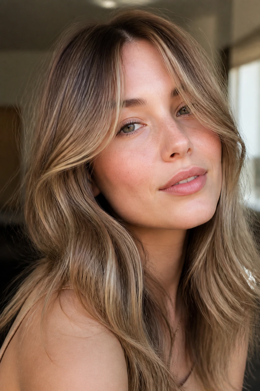 Close-up of a real woman with beige brown balayage and feathered curtain bangs.