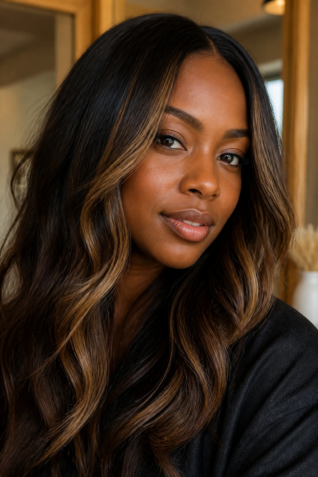 Close-up portrait of a real person with deep skin showing beige-brown balayage and dark root.