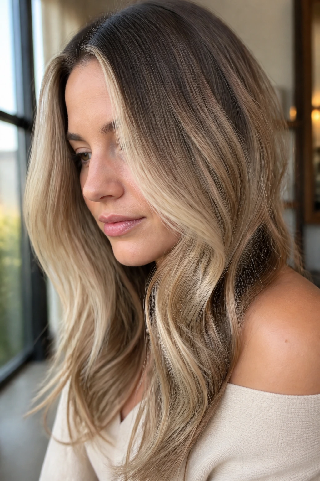 Close-up of beige balayage with face-framing highlights