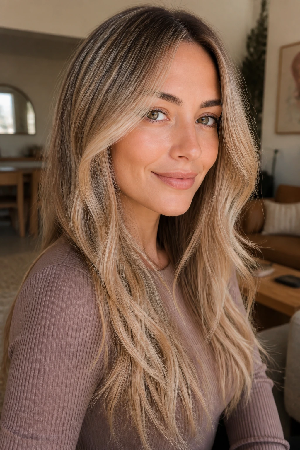 Real woman with beige balayage on long hair over invisible layers
