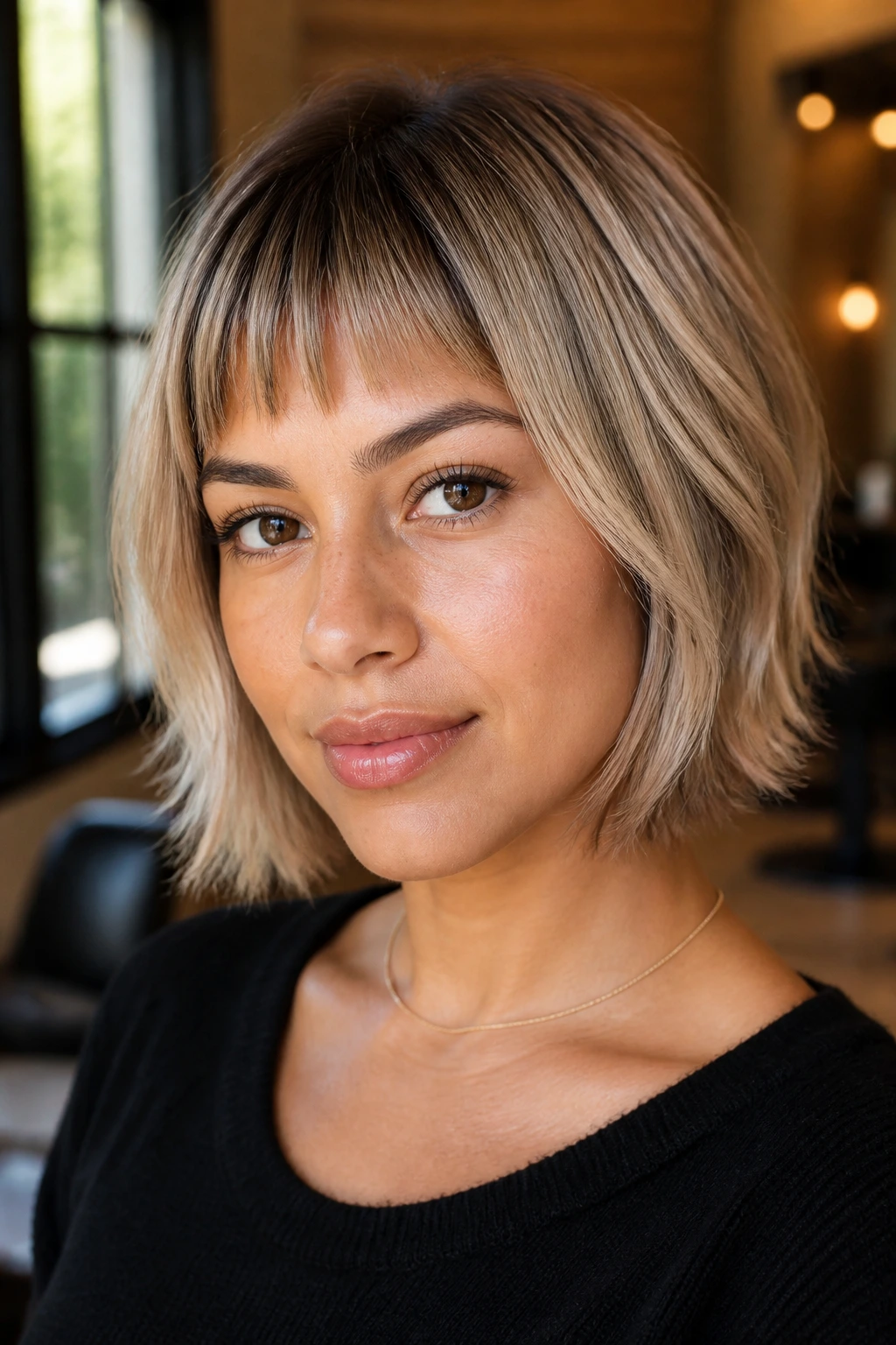 Close-up portrait of a real woman with beige balayage and micro bangs on medium skin.