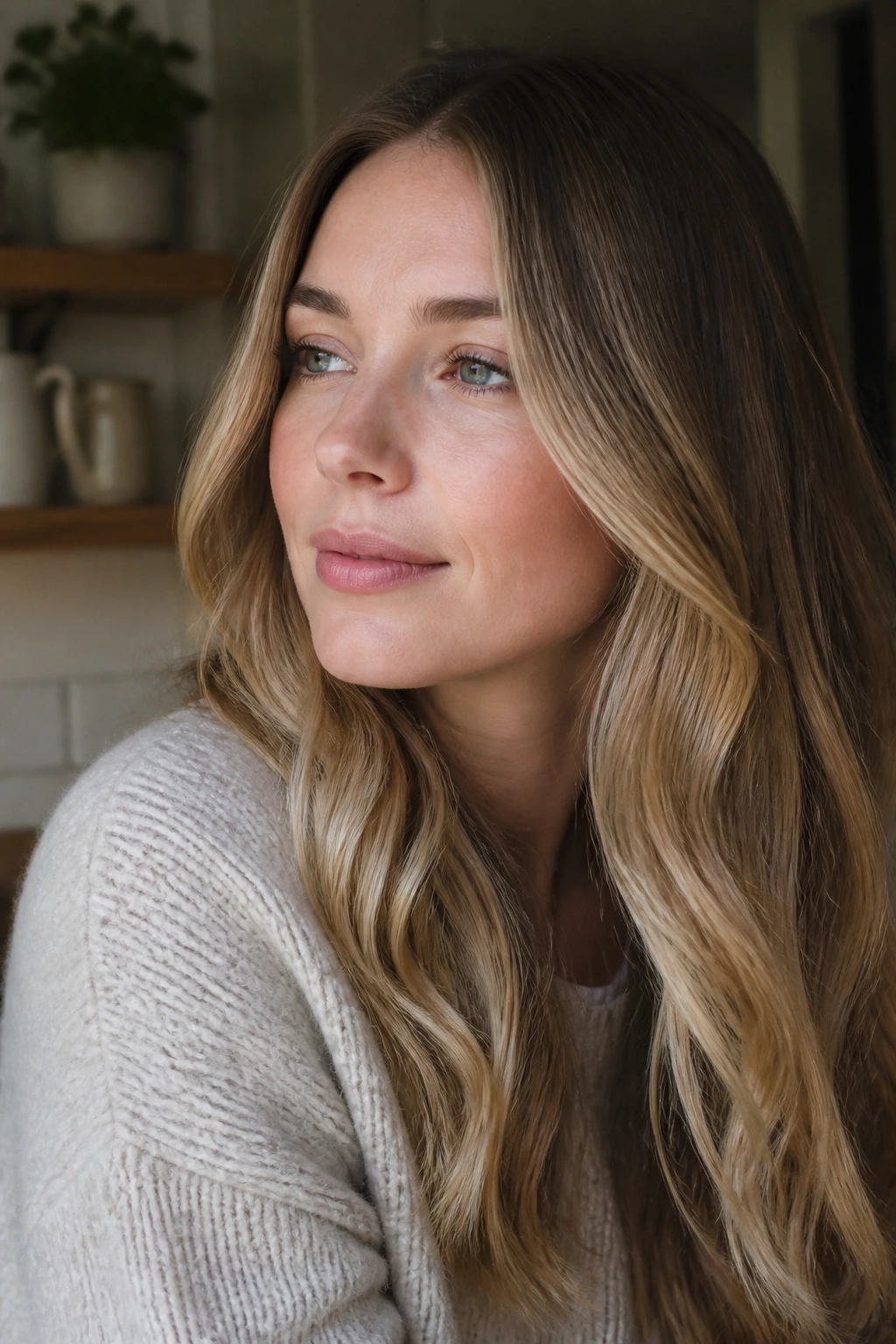 Portrait with beige balayage around the face for pale skin in daylight.