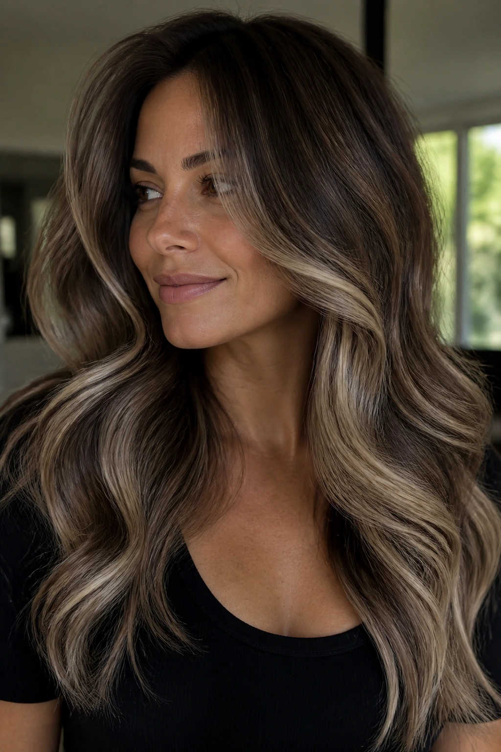 Beige balayage ribbons on brunette hair in a close-up portrait