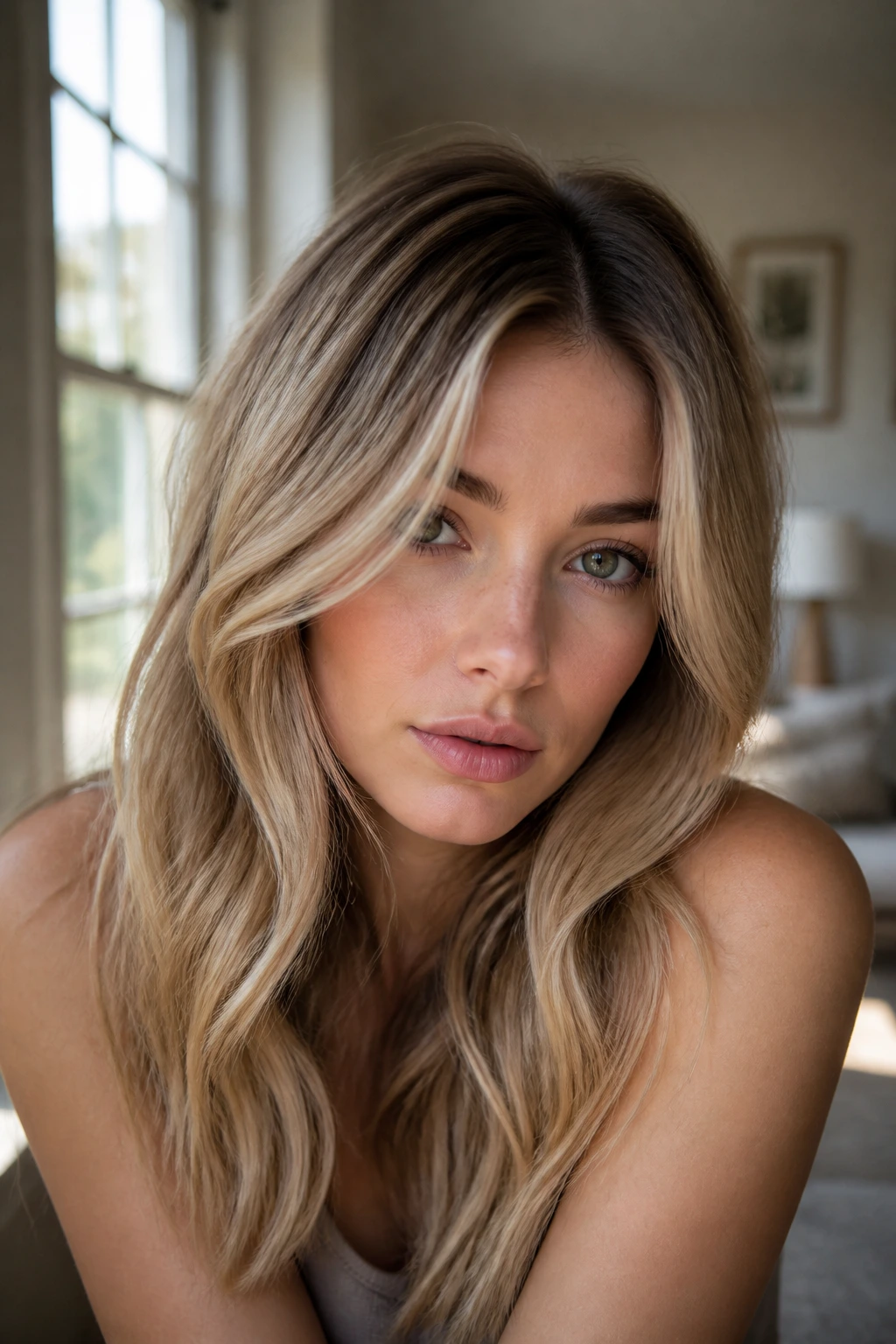 Portrait of a woman with beige balayage and shadow root under natural daylight