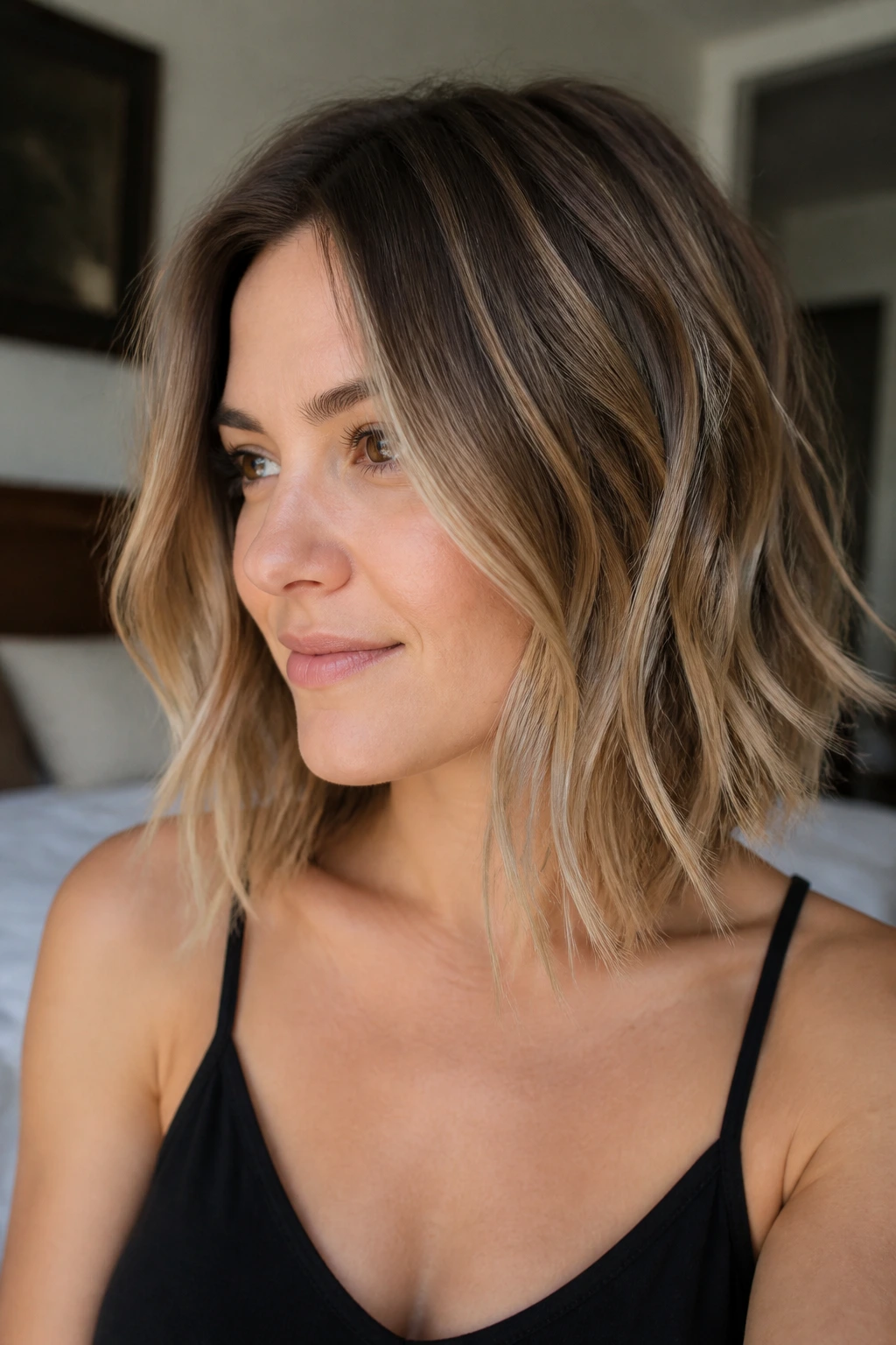 Head-and-shoulders portrait of a real person with beige balayage on a shoulder-length tousled cut.