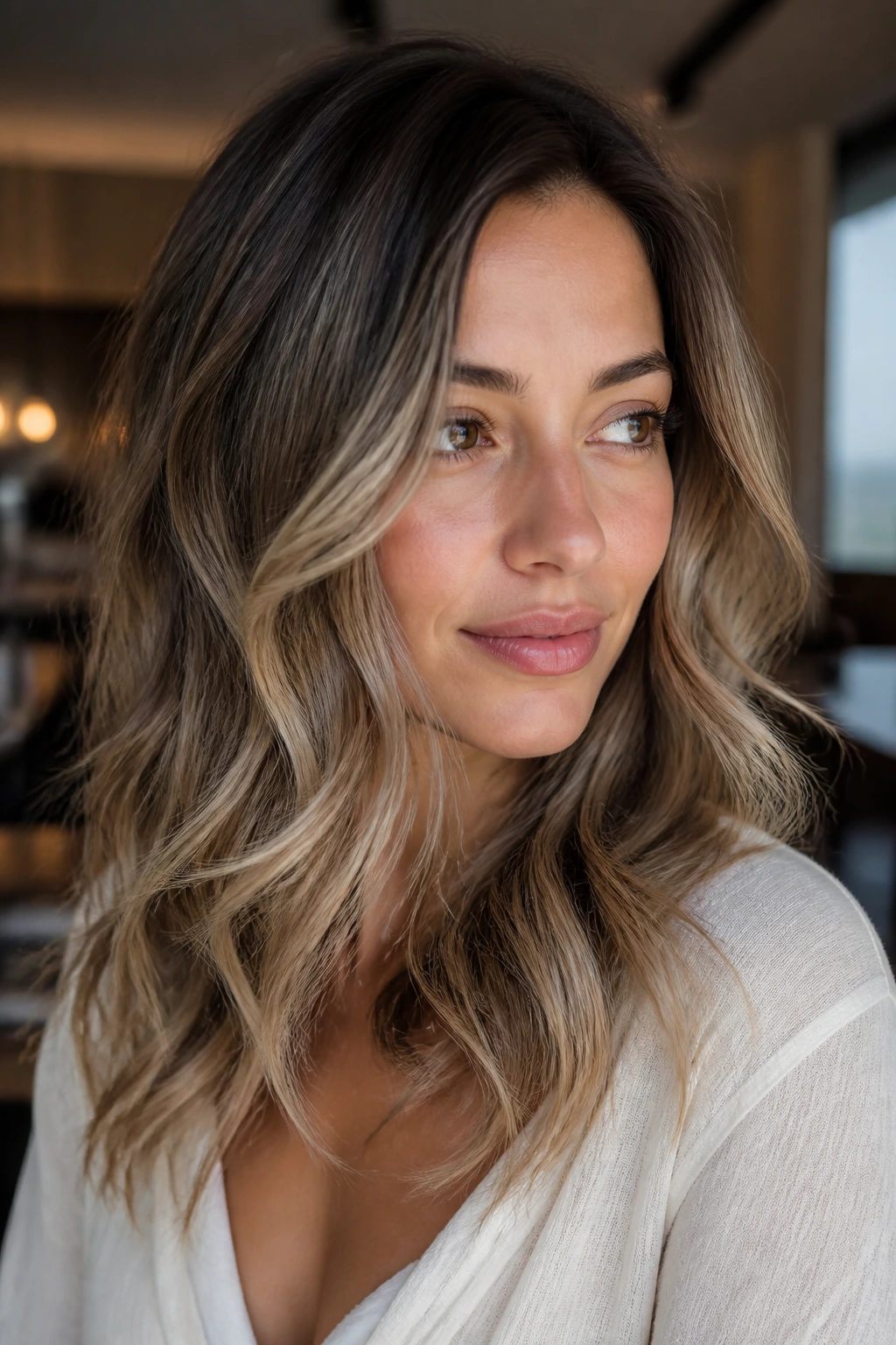 Close-up of brunette with beige balayage and soft waves highlighting cheekbones