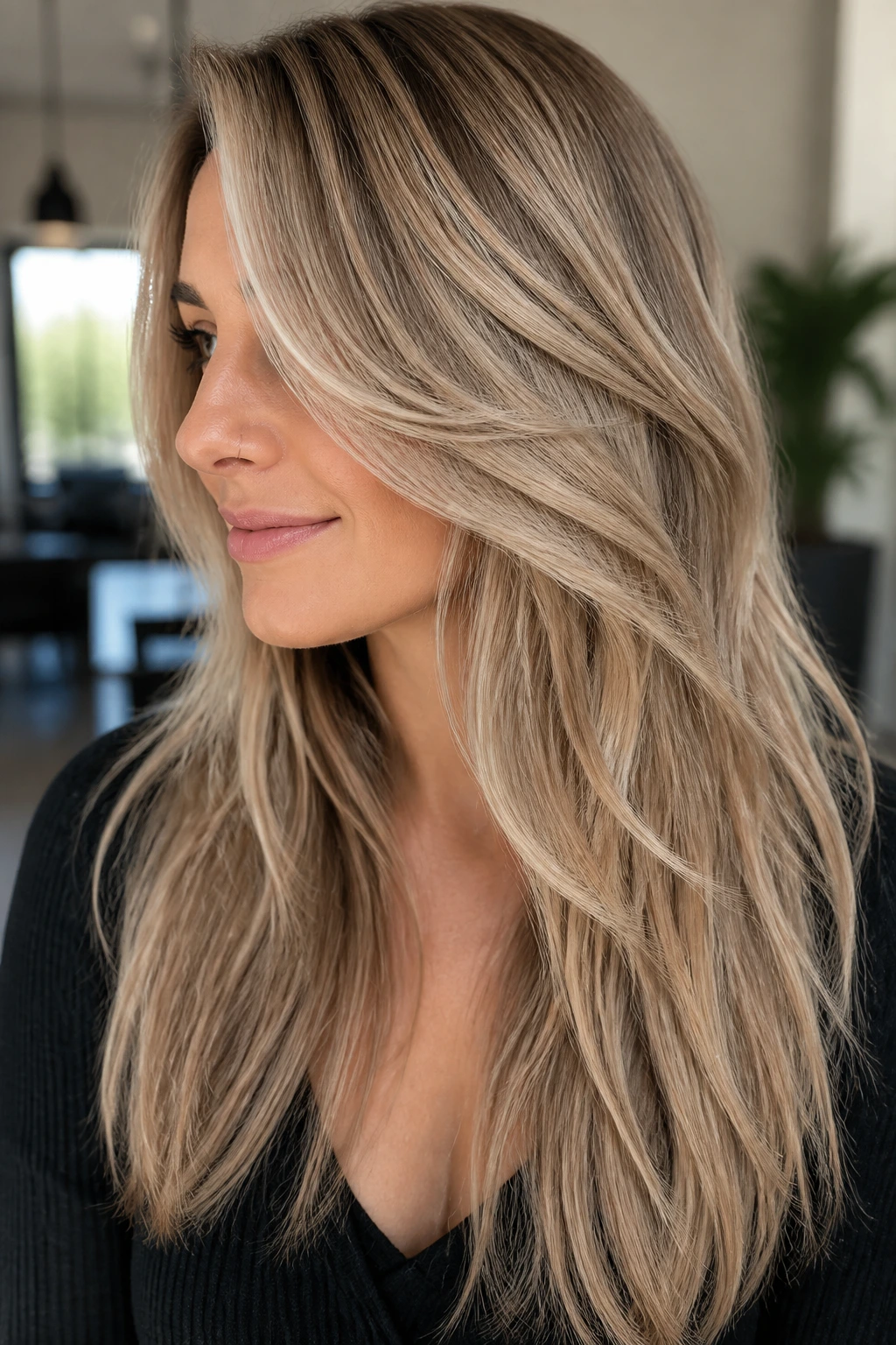 Beige balayage waterfall layers framing the face