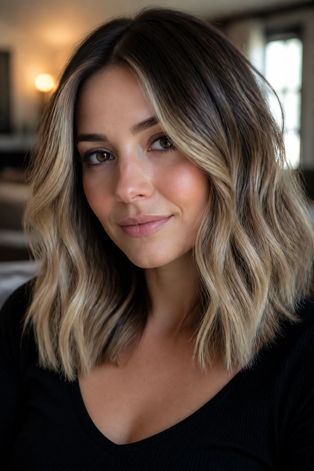 Woman with beige balayage waves on dark brown hair