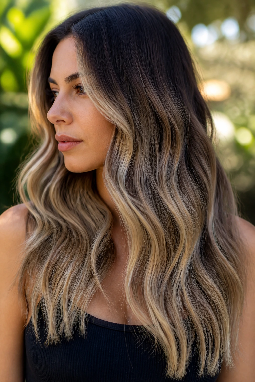 Real woman with beige balayage ribbons through soft waves in natural daylight