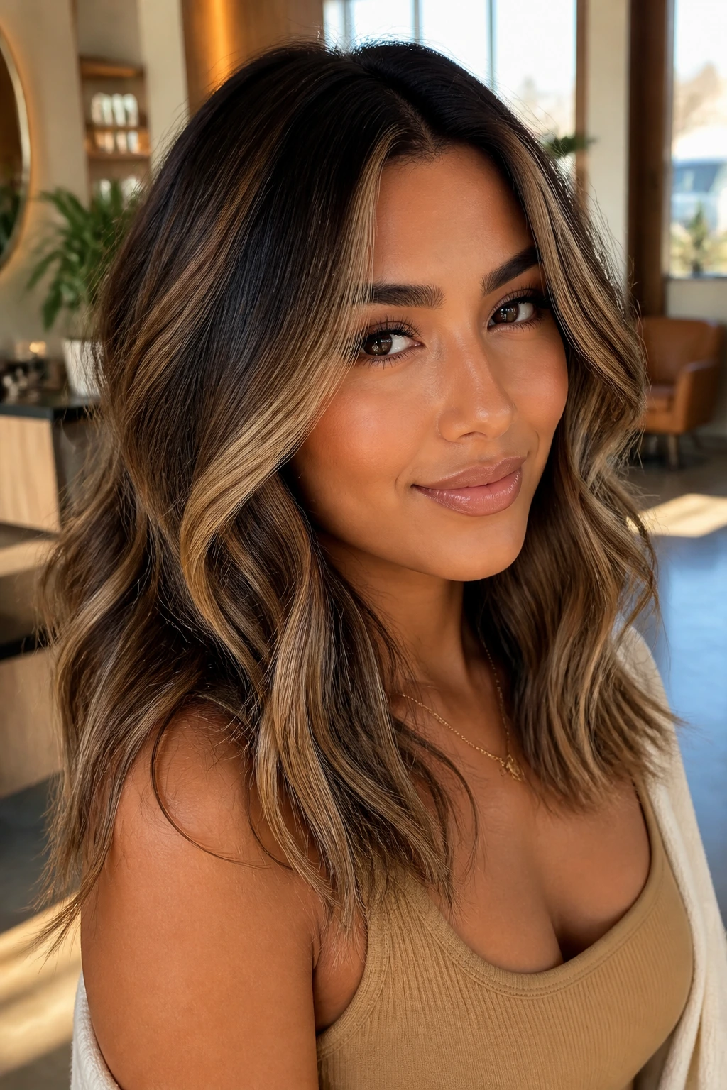 Real woman with center-parted beige highlights framing the face