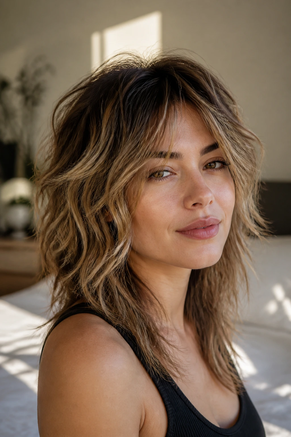 Close-up of a real woman with beige balayage wolf cut in natural window light